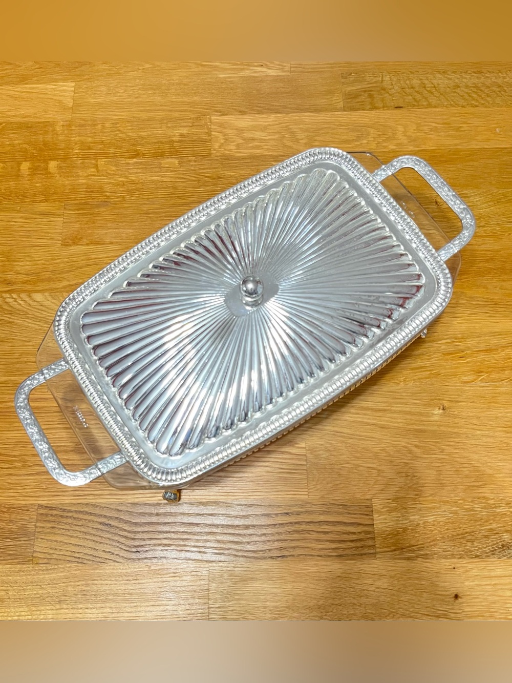 Vintage Pyrex Glass Food Warmer 11F England Silver-Tone w/ Lid Ornate Handles